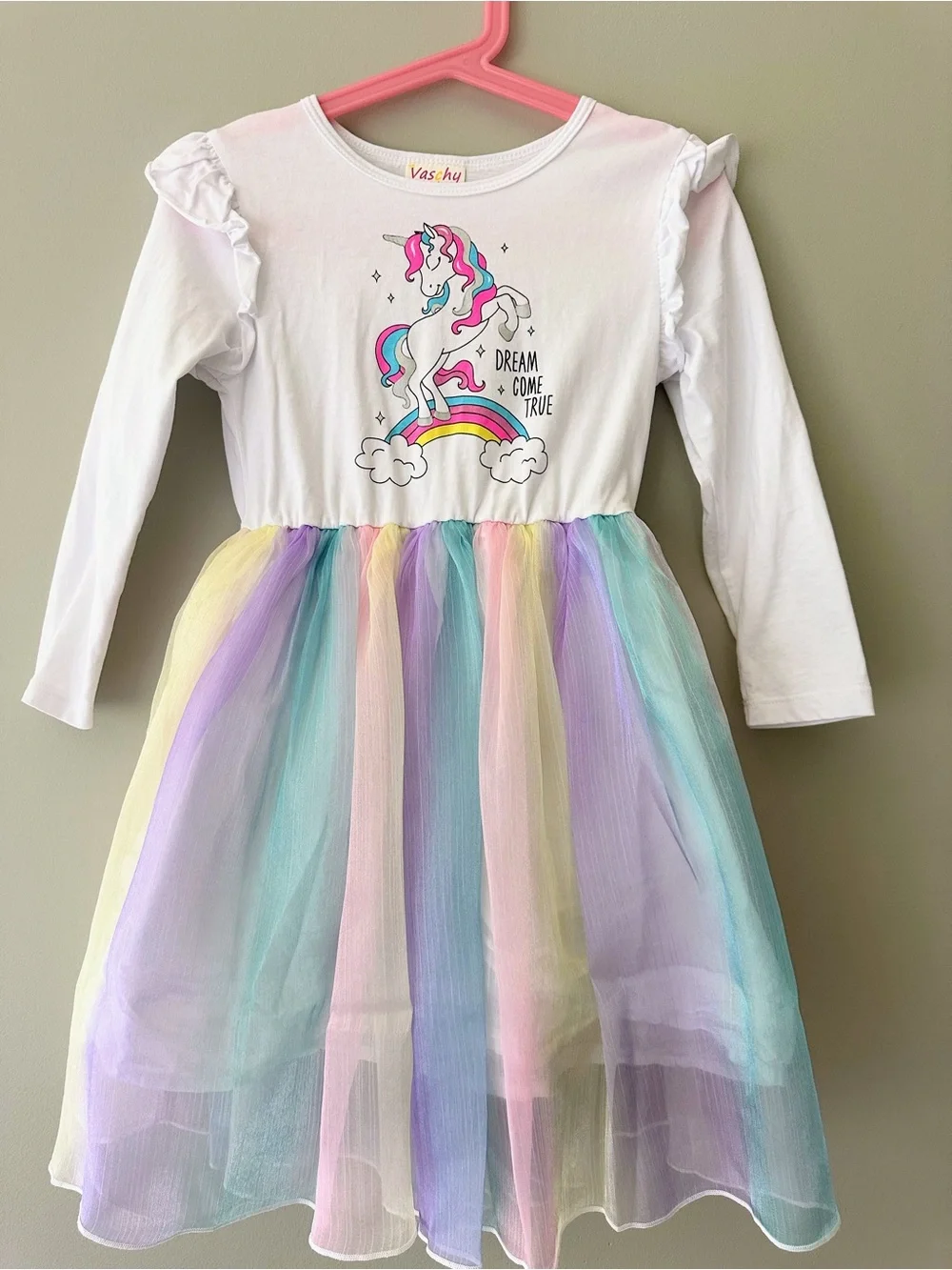 Vaschy Kids Unicorn Rainbow Tulle Dress Size 5T, White Multi